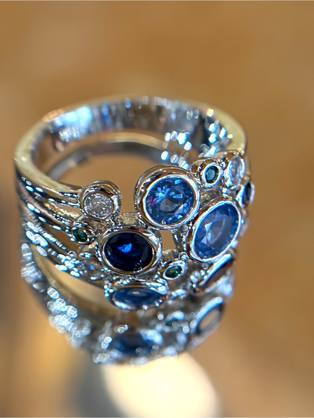 New Silver Tone Stacked Multi-Gems Band Retro Wide Ring in 7
